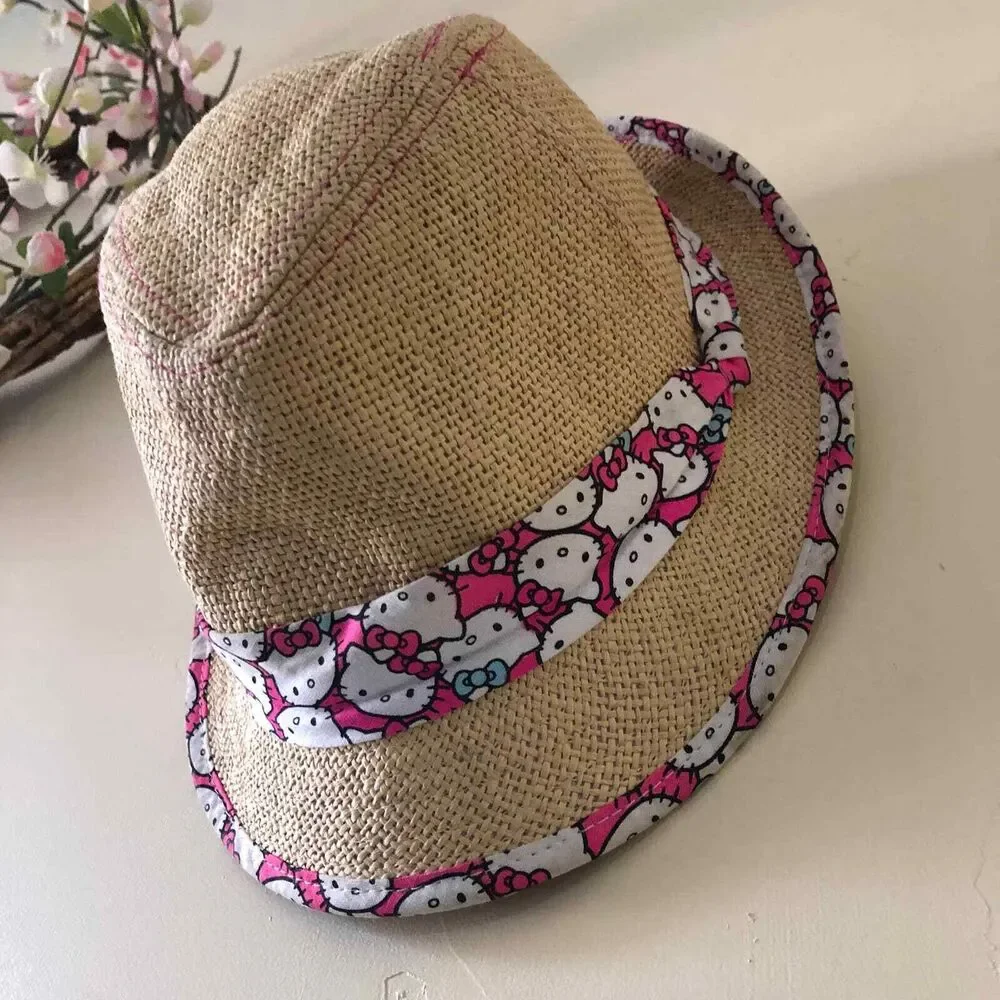 Hello Kitty Straw Hat Fedora Hat Pink Trim Size Medium / Large